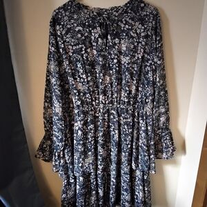 Ellos Navy Floral Two Tier Flowy Dress, Vintage Boho